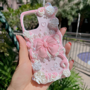Pink Bow Pearlescent Rose Flowers Handmade DIY Decoden Phone Case For All Phone Models