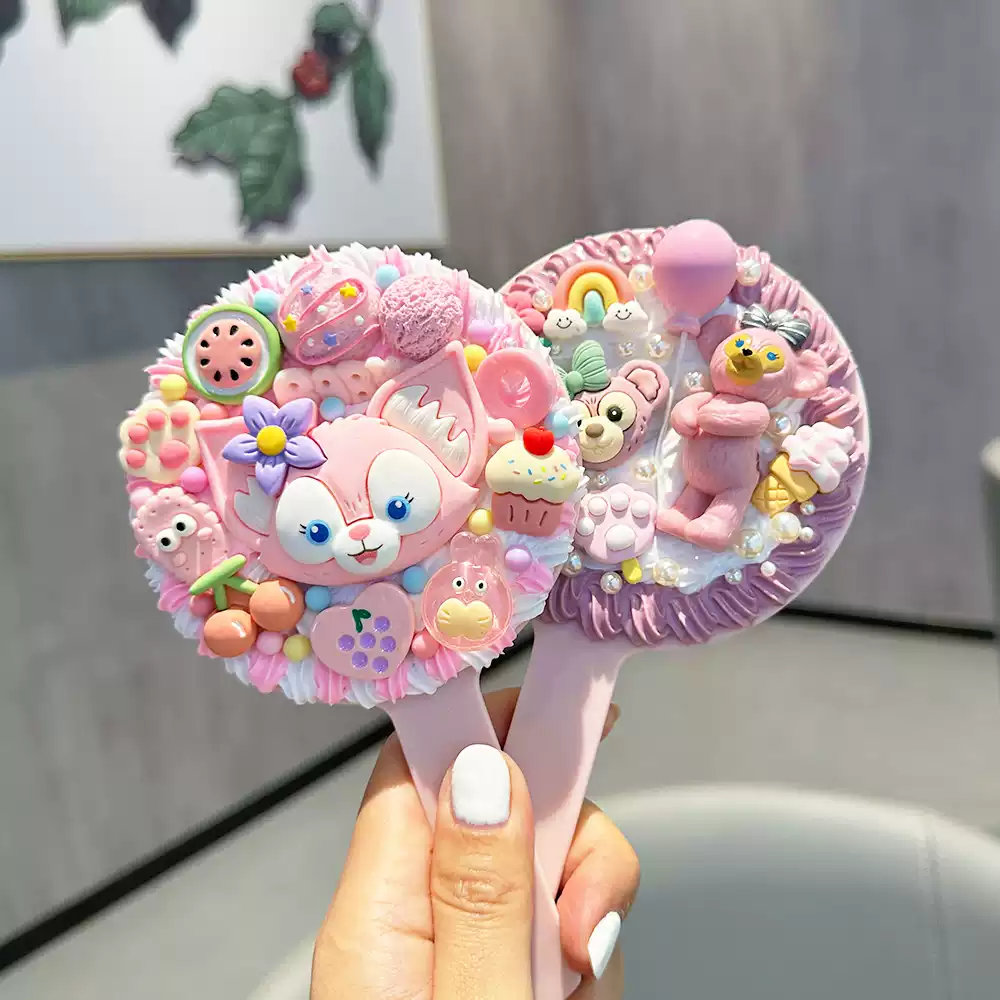 Pink Adorable LinaBell Cartoon Bear DIY Handmade Fake Cream Glue Decoden Handheld Mirror