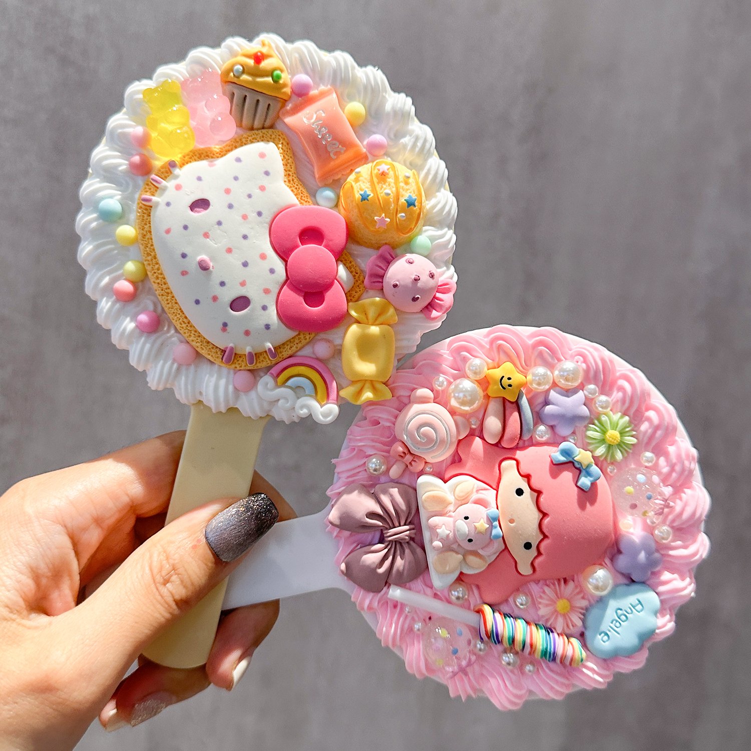 Cute Adorable Hello Kitty Girl Cartoon Bear DIY Handmade Fake Cream Glue Decoden Handheld Mirror