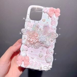 Pink Butterfly Pearlescent Rosy Flowers Handmade DIY Decoden Phone Case For All Phone Models